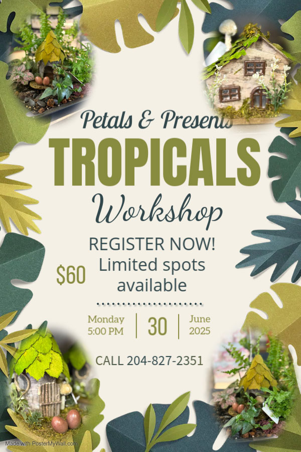 Petals & Presents Tropicals Workshop. Register now! Limited spots available. $60 per person. The workshop takes place June 30, 2025, at 5:00 p.m. at Petals & Presents, 414 Broadway St., Glenboro, Manitoba. Contact Val at 204-827-2351 to register.